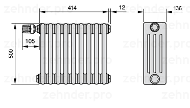 Схема (чертеж) Радиатор Zehnder Charleston 4050/9 №V011 Белый глянцевый RAL 9016